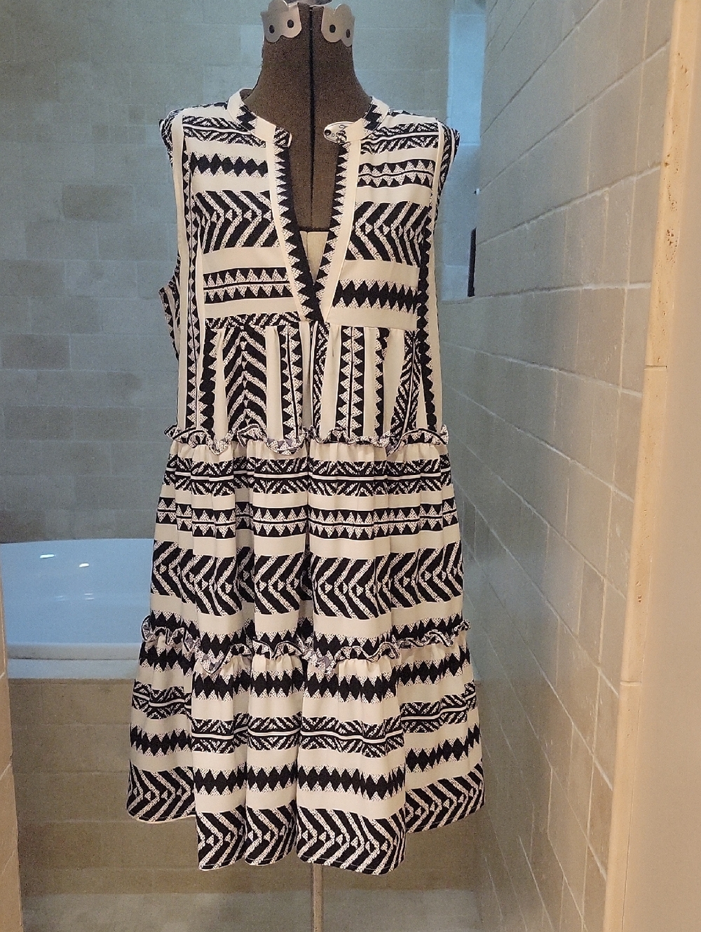 First Love Black & White Geometric Tiered Mini Dress
